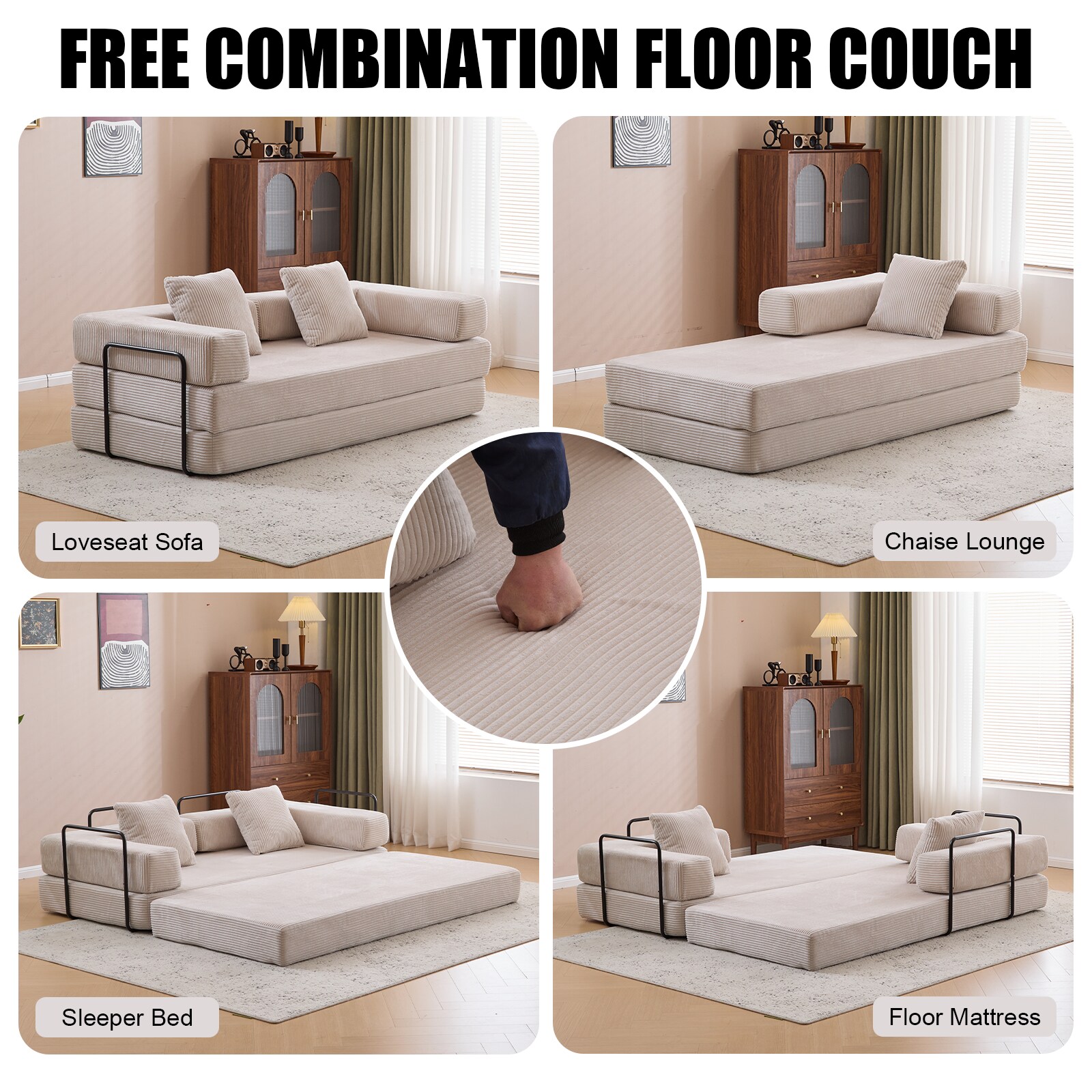 Convertible Floor Sofa Bed With Pillow And Backrest Light Grey_voghion.com